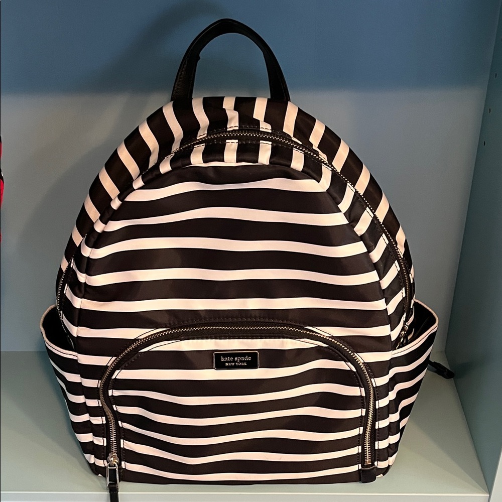 Kate Spade Large Black and White Striped Nylon Backpack